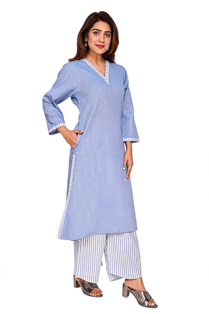 Blue Straight Kurta with Striped Palazzo Pants