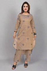 Pale Taupe Honeybee Embroidered Cotton Kurti Set