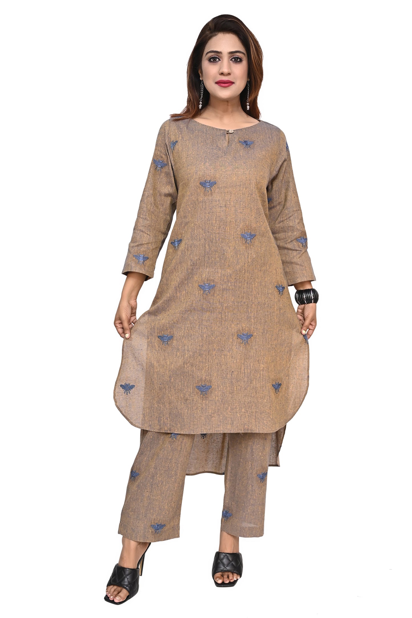 Brown Honey Bee Embroidered Kurta Palazzo Set
