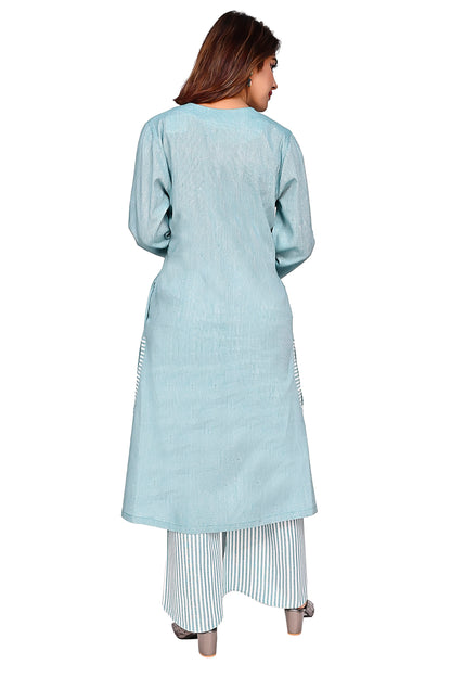 Light Green Straight Kurta with Striped Palazzo Pants
