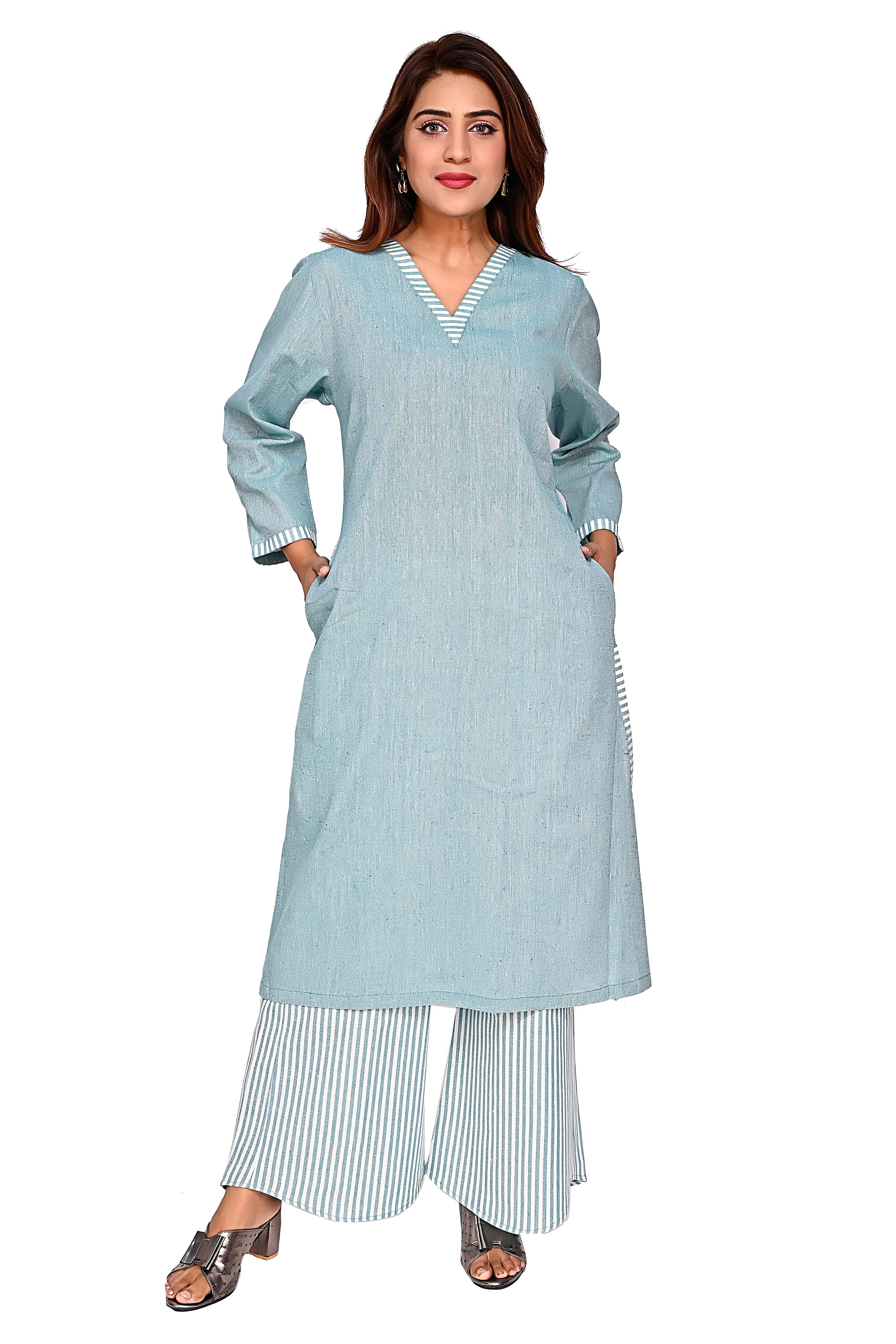 Light Green Straight Kurta with Striped Palazzo Pants