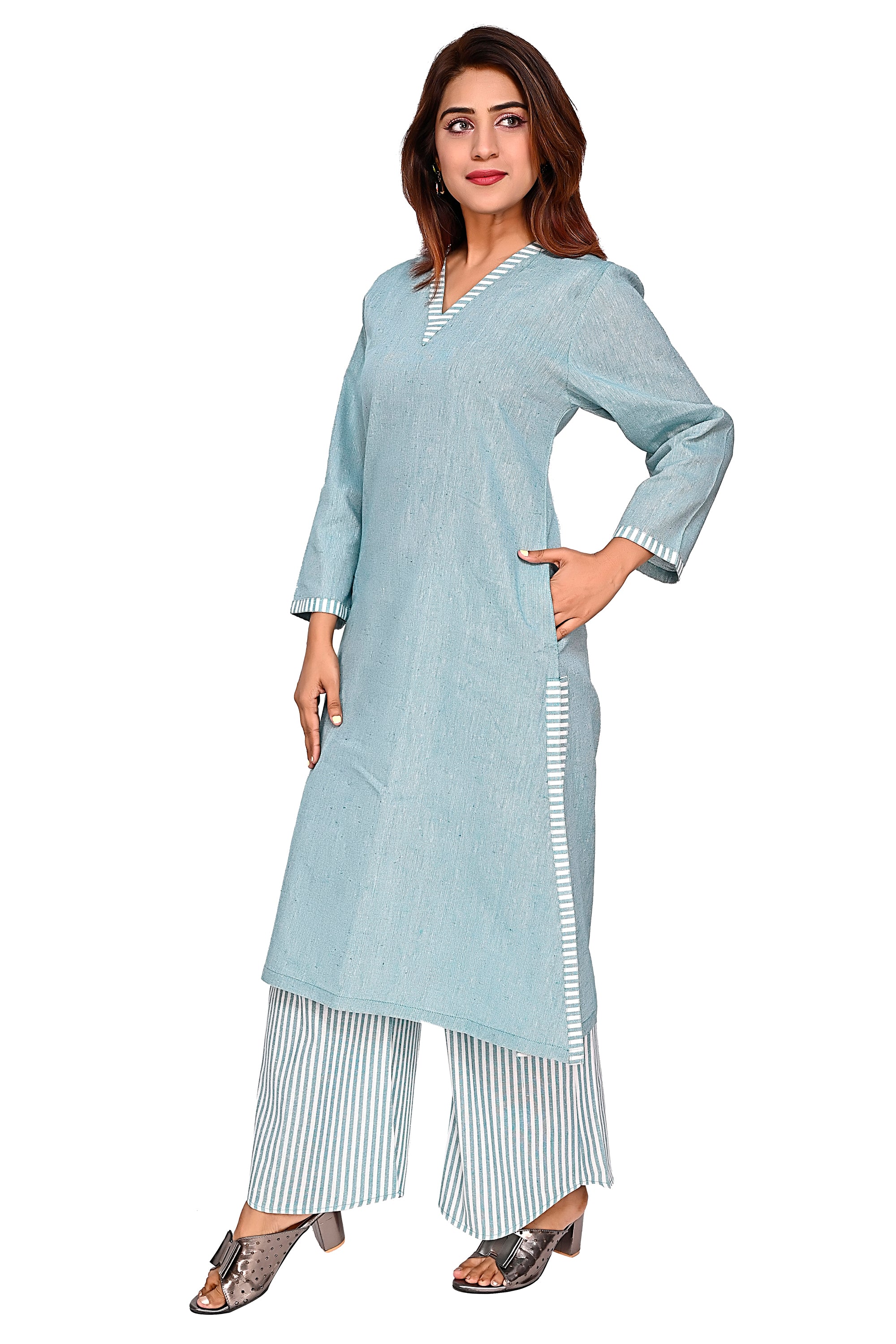Light Green Straight Kurta with Striped Palazzo Pants