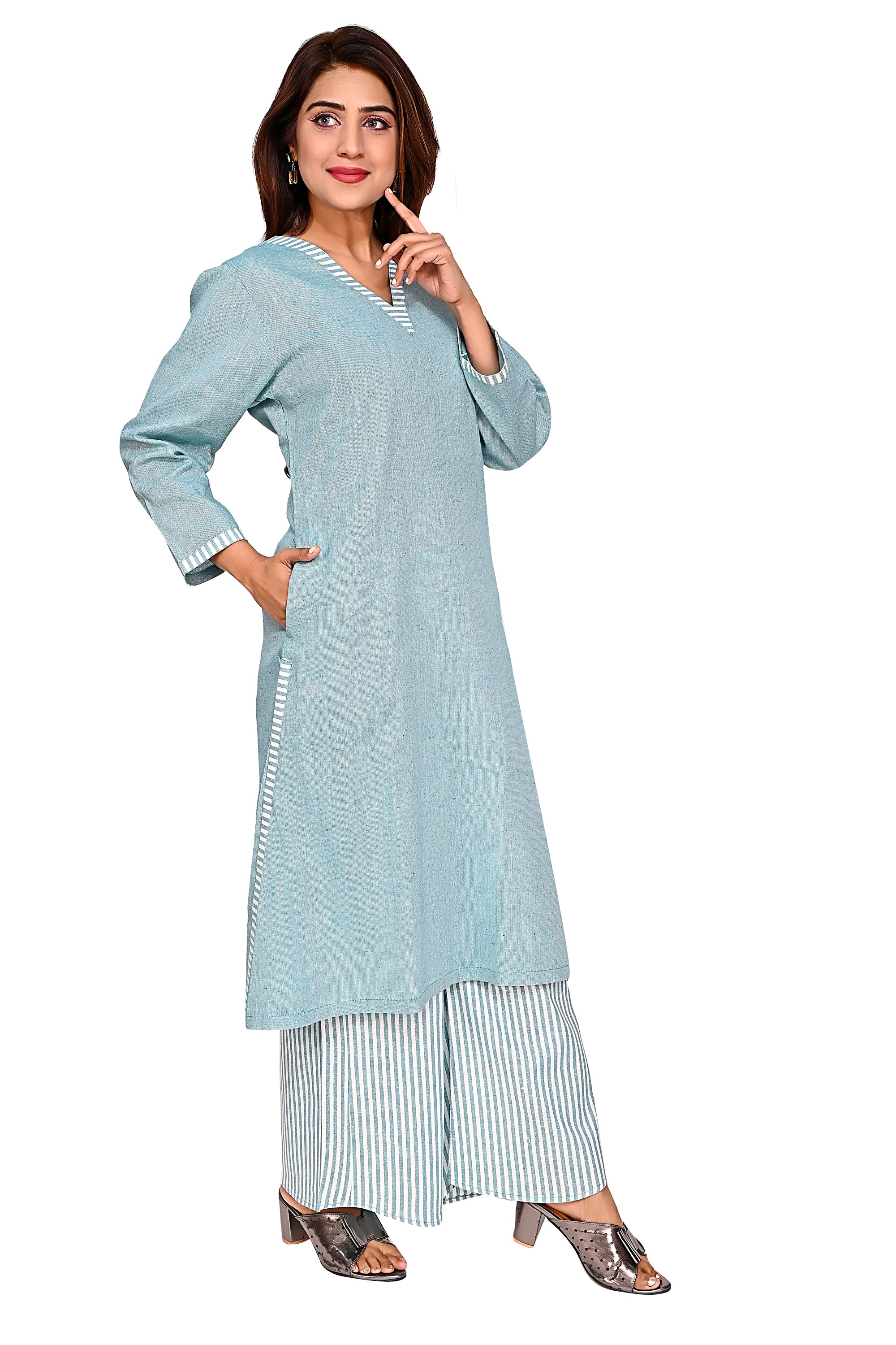 Light Green Straight Kurta with Striped Palazzo Pants