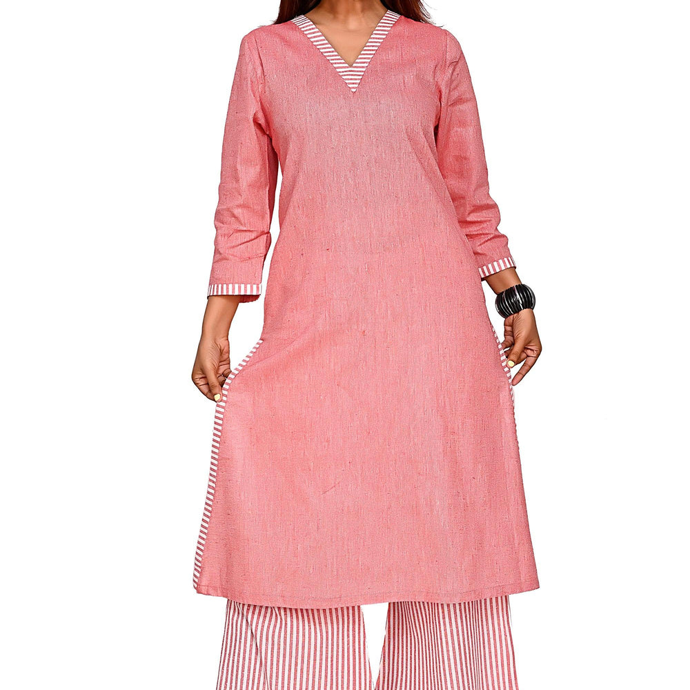 Pure Cotton V-Neck Kurta & Stripe Bottom Cord Set