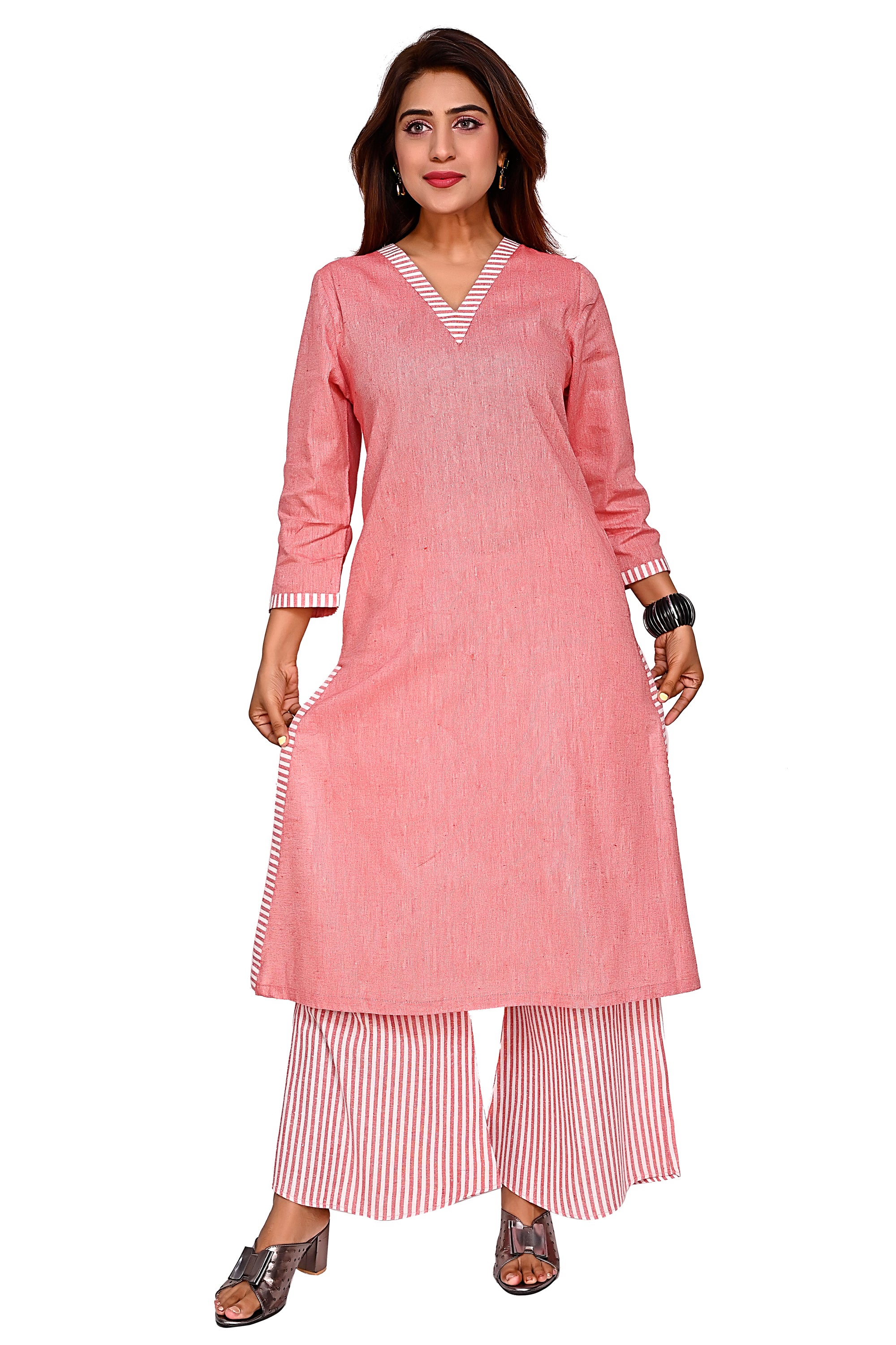 Light Red Straight Kurta with Striped Palazzo Pants