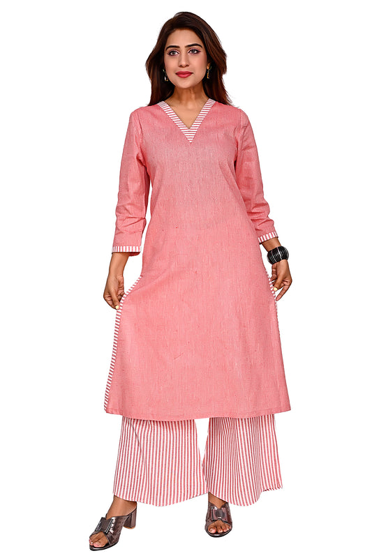 Light Red Straight Kurta with Striped Palazzo Pants