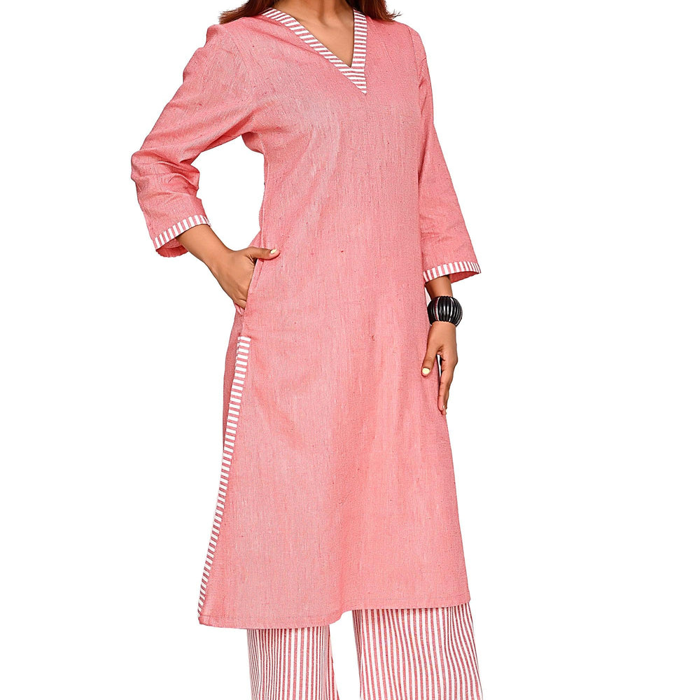 Pure Cotton V-Neck Kurta & Stripe Bottom Cord Set