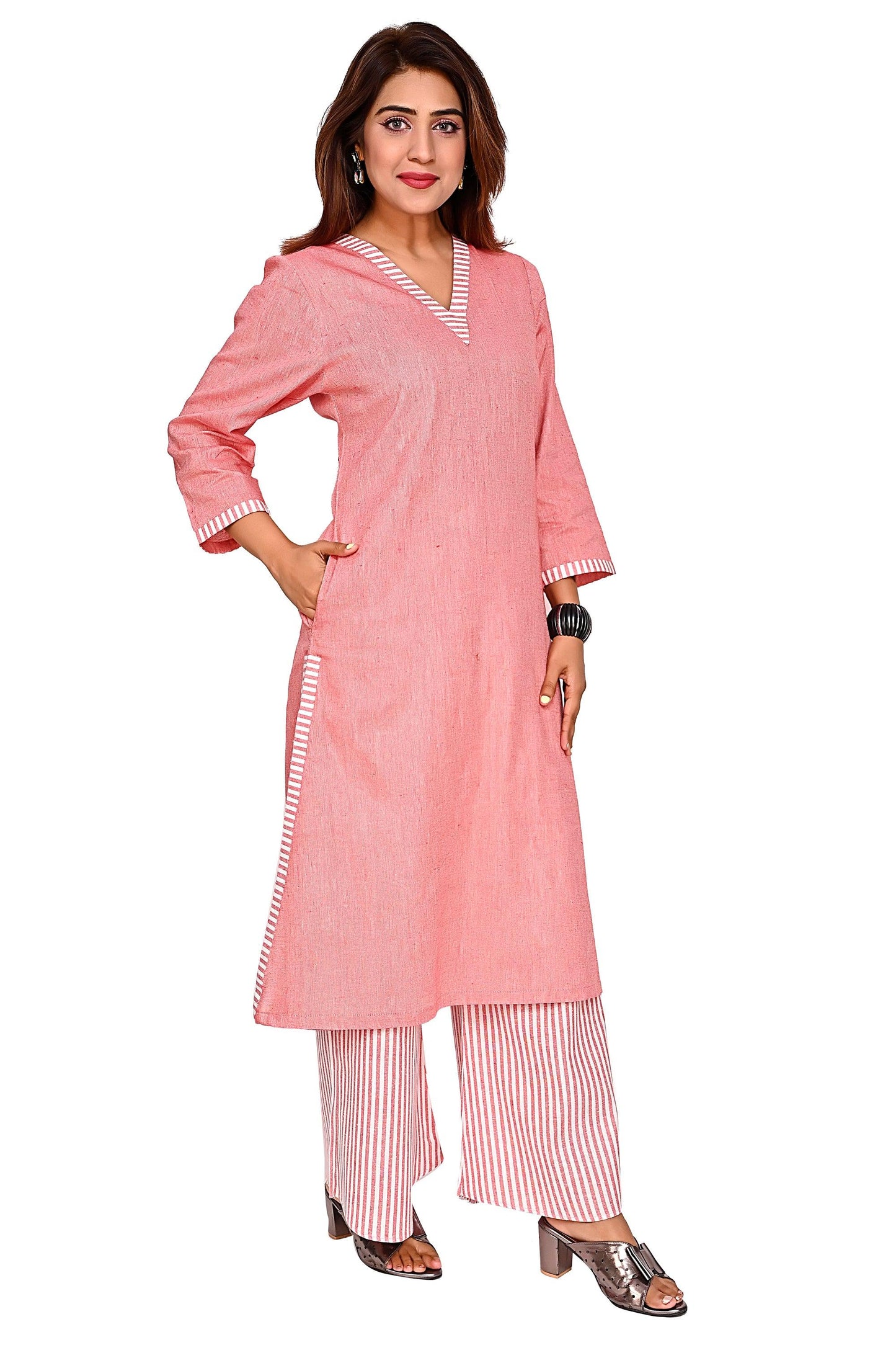 Pure Cotton V-Neck Kurta & Stripe Bottom Cord Set