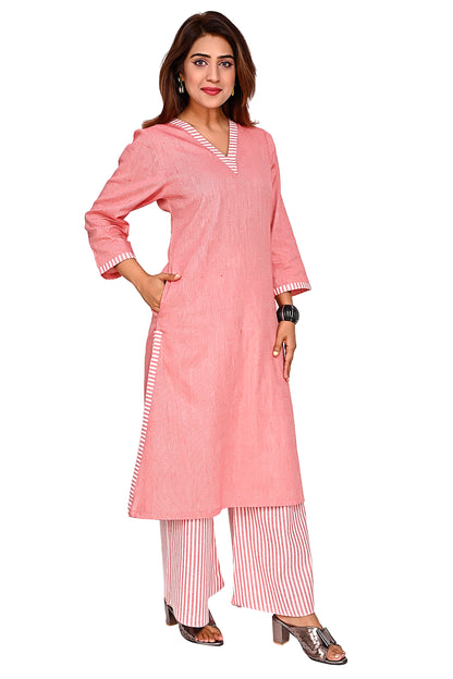 Light Red Straight Kurta with Striped Palazzo Pants