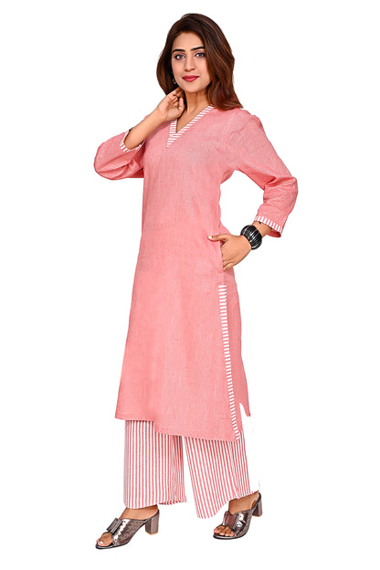 Light Red Straight Kurta with Striped Palazzo Pants