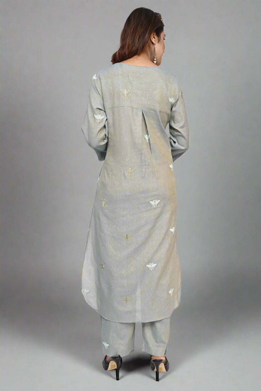 Silver Chalice Honeybee Embroidered Cotton Kurti Set