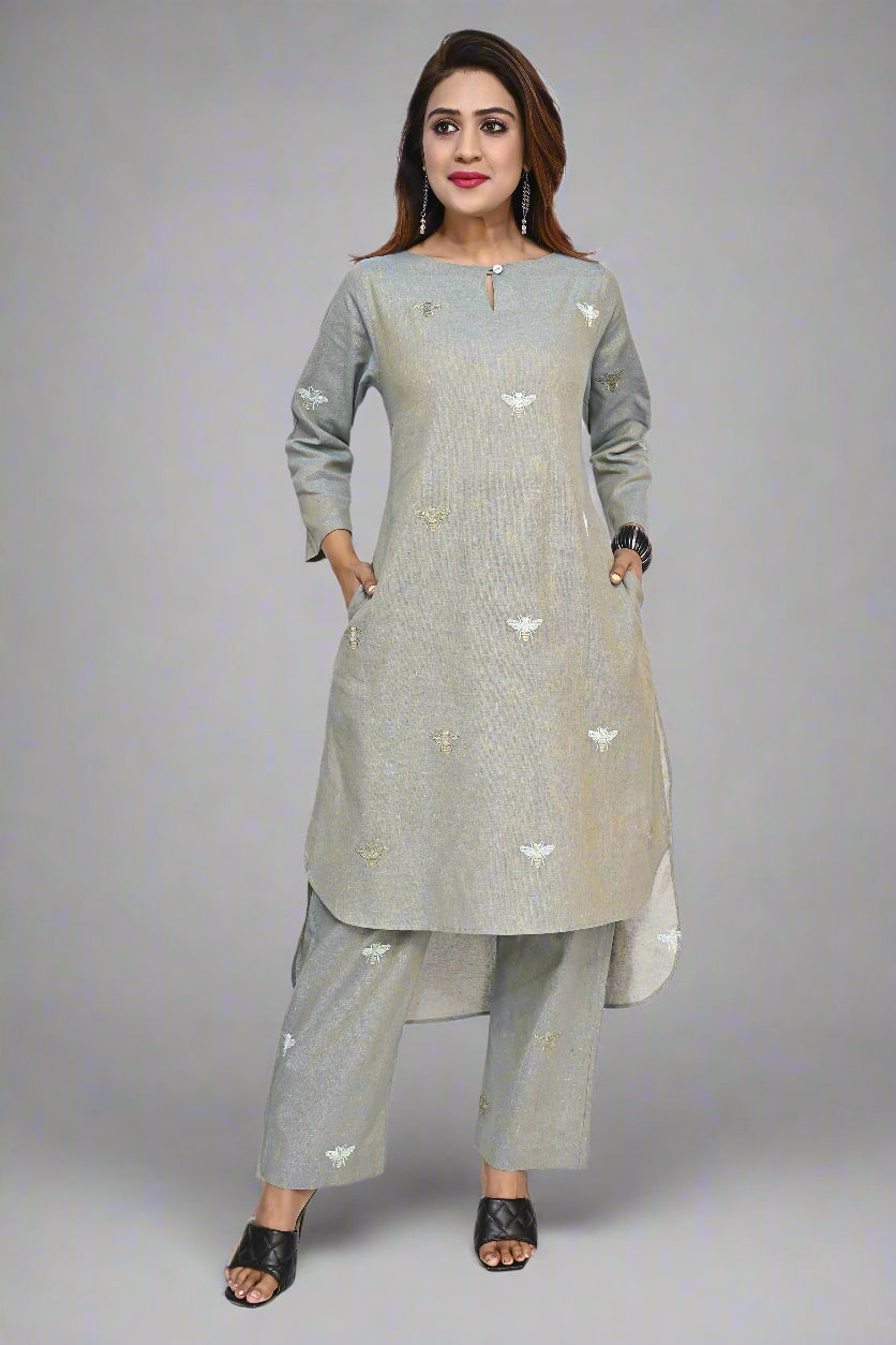 Silver Chalice Honeybee Embroidered Cotton Kurti Set