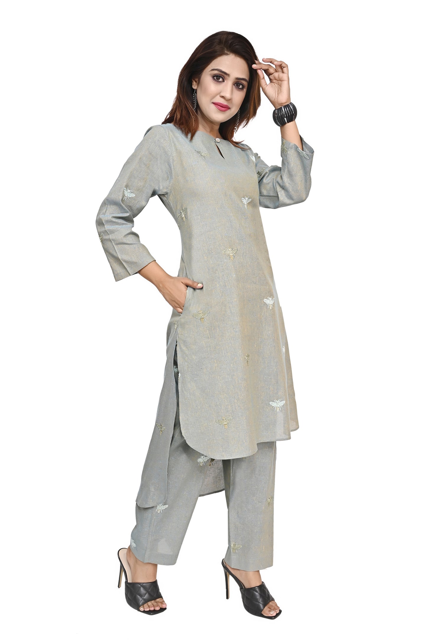 Sea Green Honey Bee Embroidered Kurta Palazzo Set