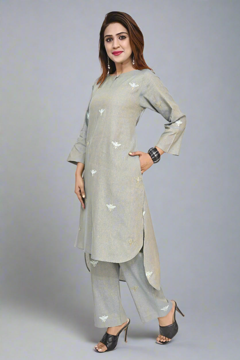Silver Chalice Honeybee Embroidered Cotton Kurti Set