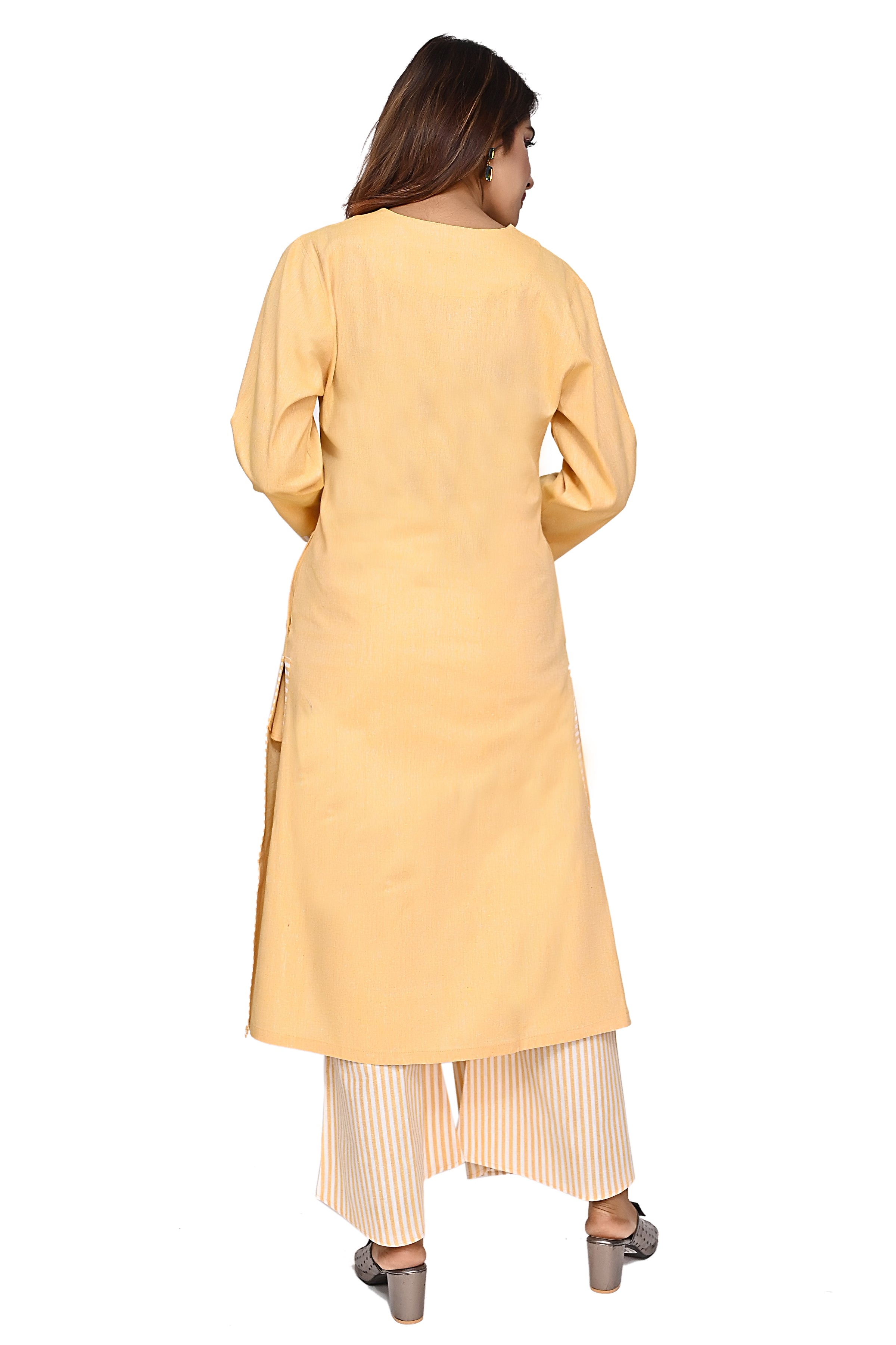 Yellow Straight Kurta with Striped Palazzo Pants