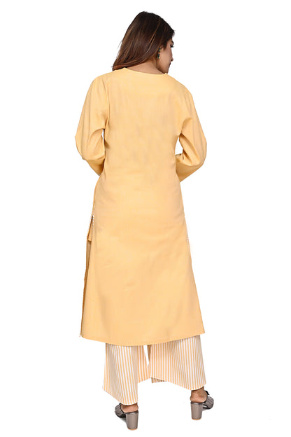 Yellow Straight Kurta with Striped Palazzo Pants