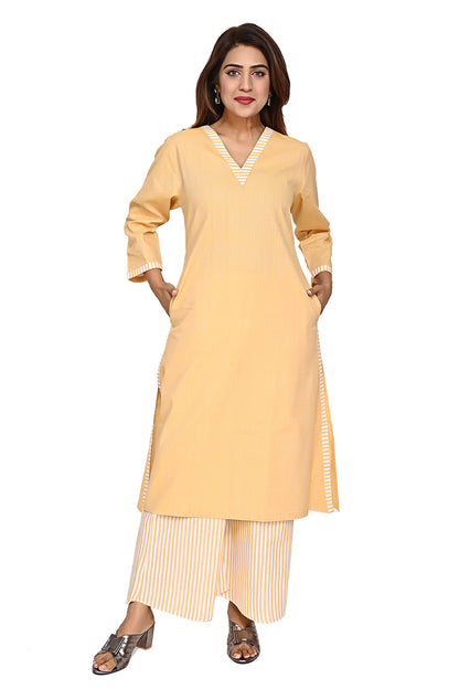 Yellow Straight Kurta with Striped Palazzo Pants