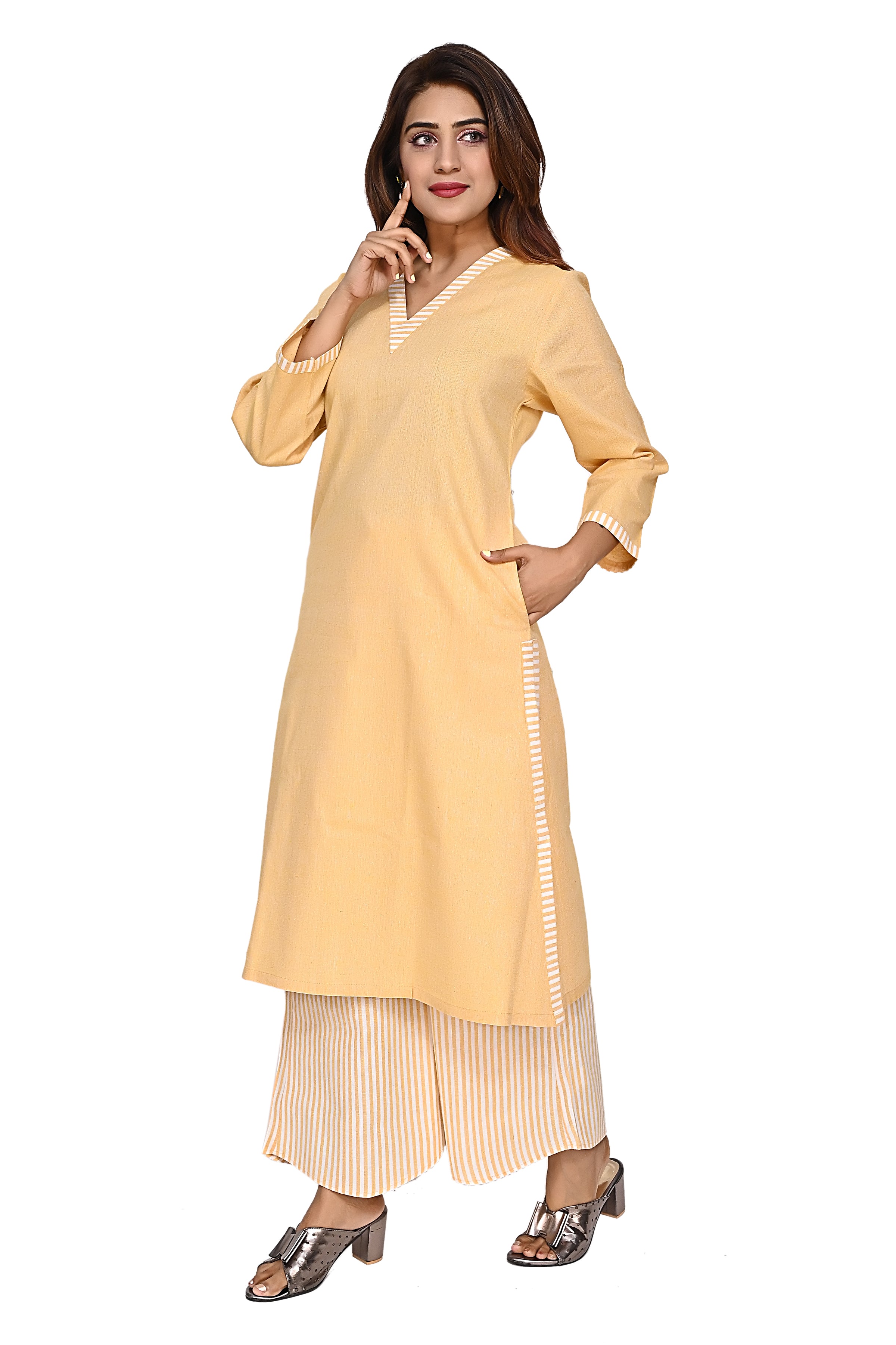 Yellow Straight Kurta with Striped Palazzo Pants