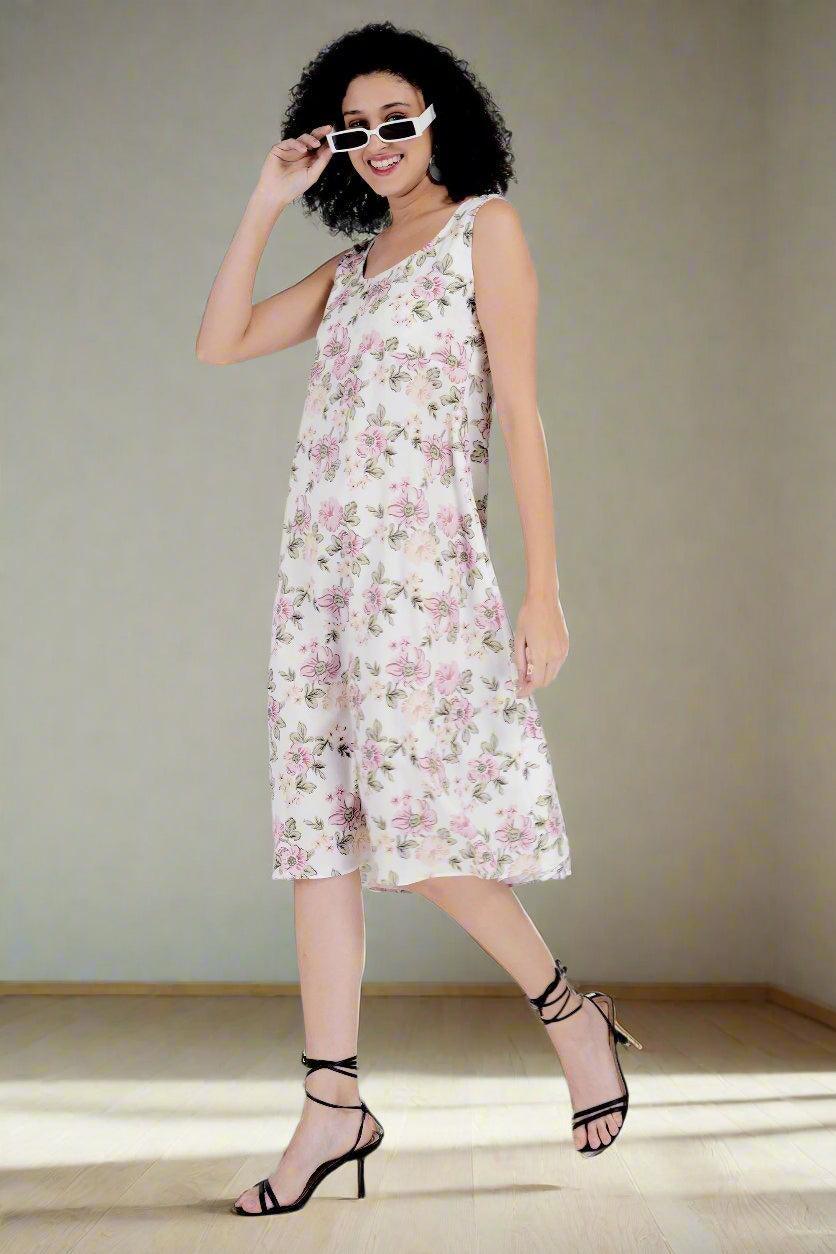 Multi Flower Printed White  Long Dress - Nirmal Online