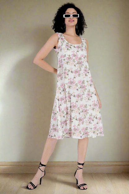 Multi Flower Printed White  Long Dress