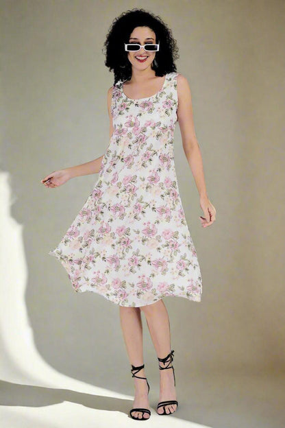 Multi Flower Printed White  Long Dress