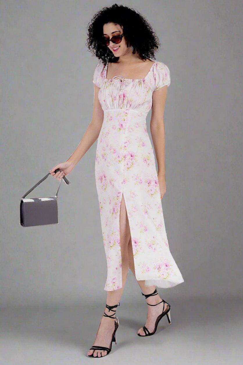 Rose Printed White Long Dress - Nirmal Online