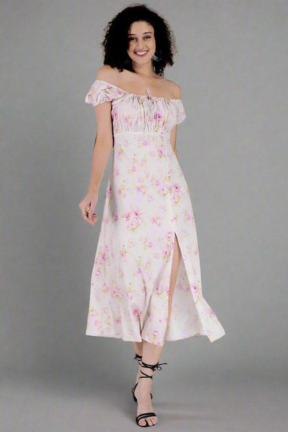 Rose Printed White Long Dress