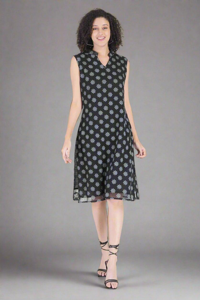 Snowflake Printed Black Dress - Nirmal Online