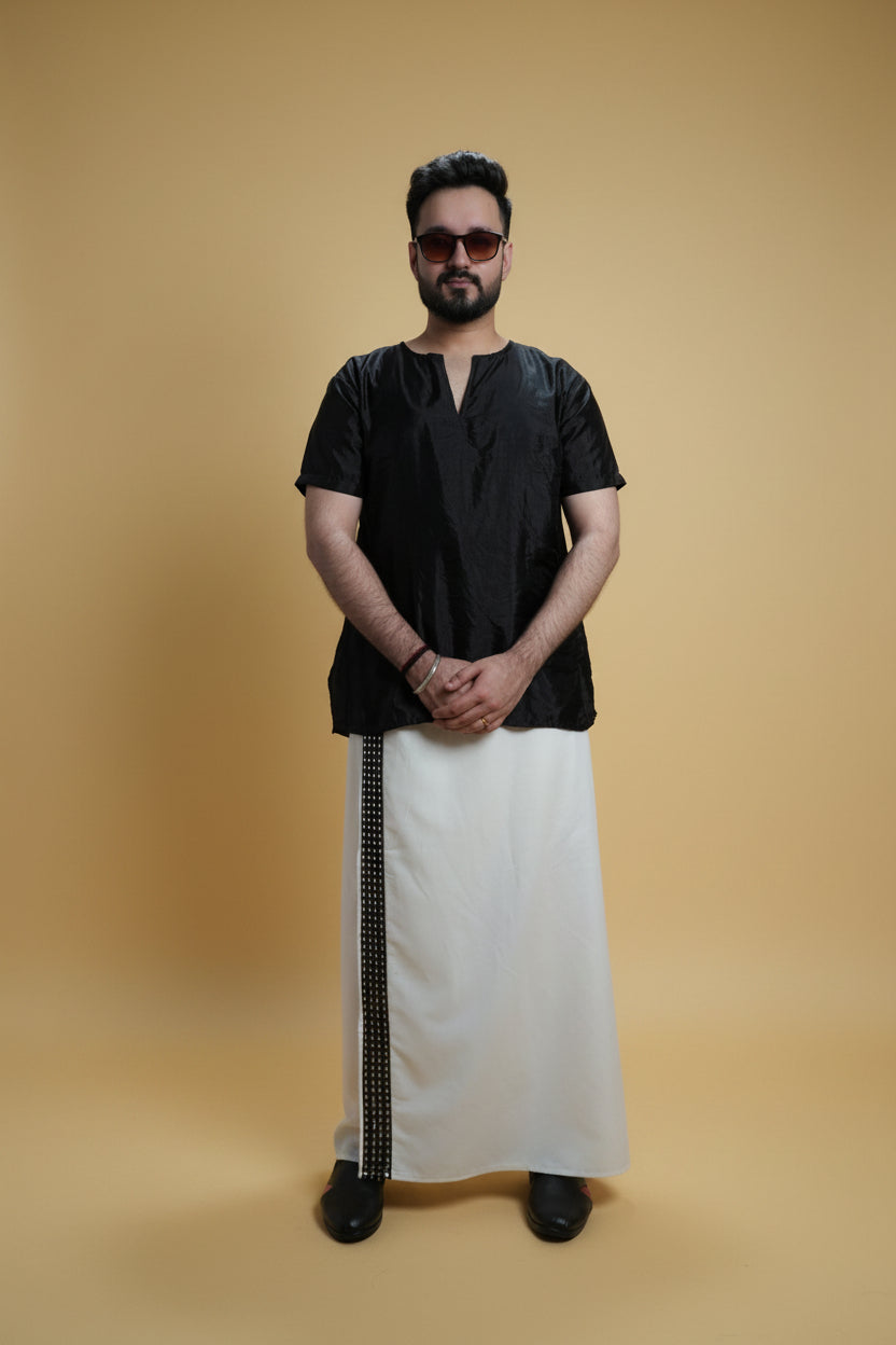 Men White  Colour Pajamalungi With Black Mirror embroidery Stripe