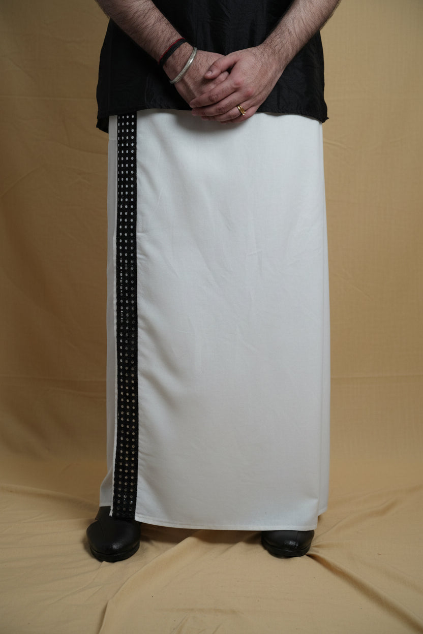 Men White  Colour Pajamalungi With Black Mirror embroidery Stripe