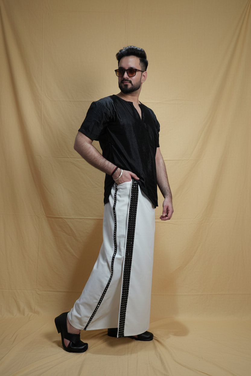Men White  Colour Pajamalungi With Black Mirror embroidery Stripe
