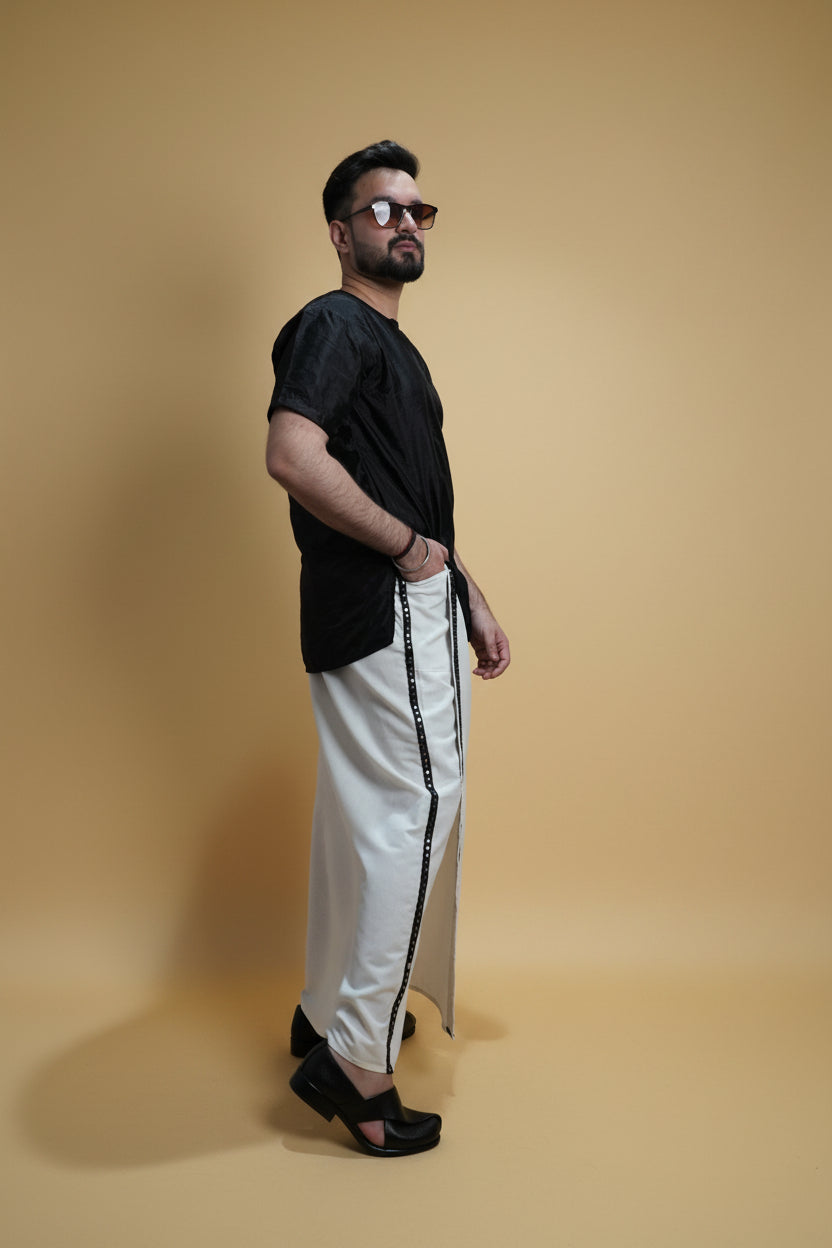Men White  Colour Pajamalungi With Black Mirror embroidery Stripe
