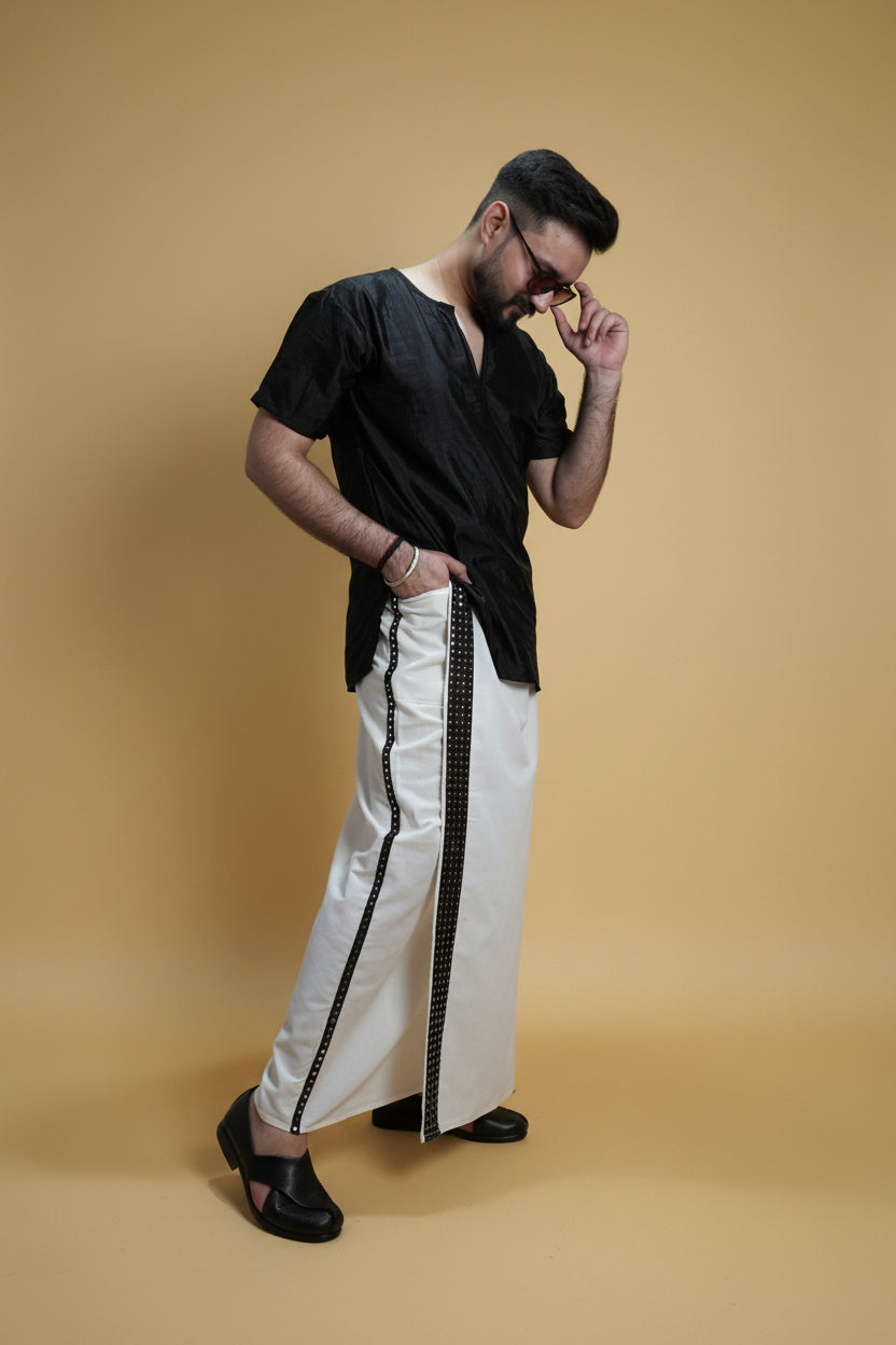 Men White  Colour Pajamalungi With Black Mirror embroidery Stripe