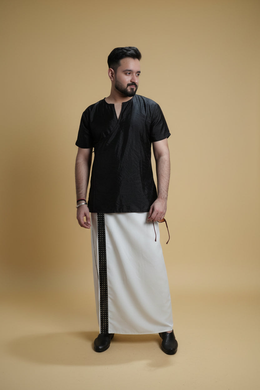 Men White  Colour Pajamalungi With Black Mirror embroidery Stripe