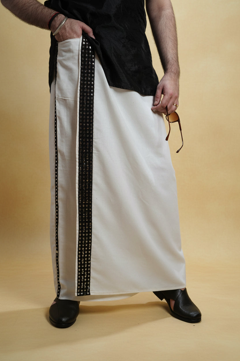 Men White  Colour Pajamalungi With Black Mirror embroidery Stripe