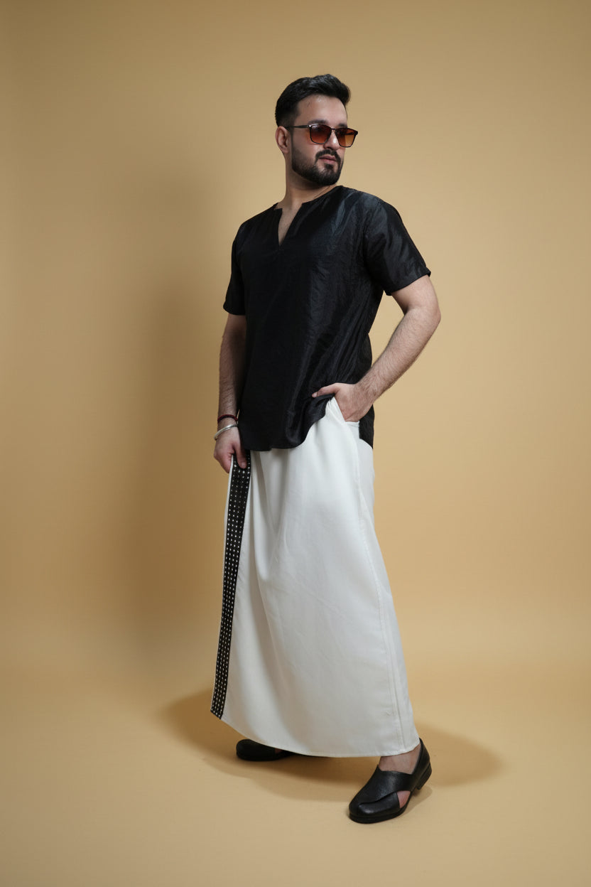 Men White  Colour Pajamalungi With Black Mirror embroidery Stripe
