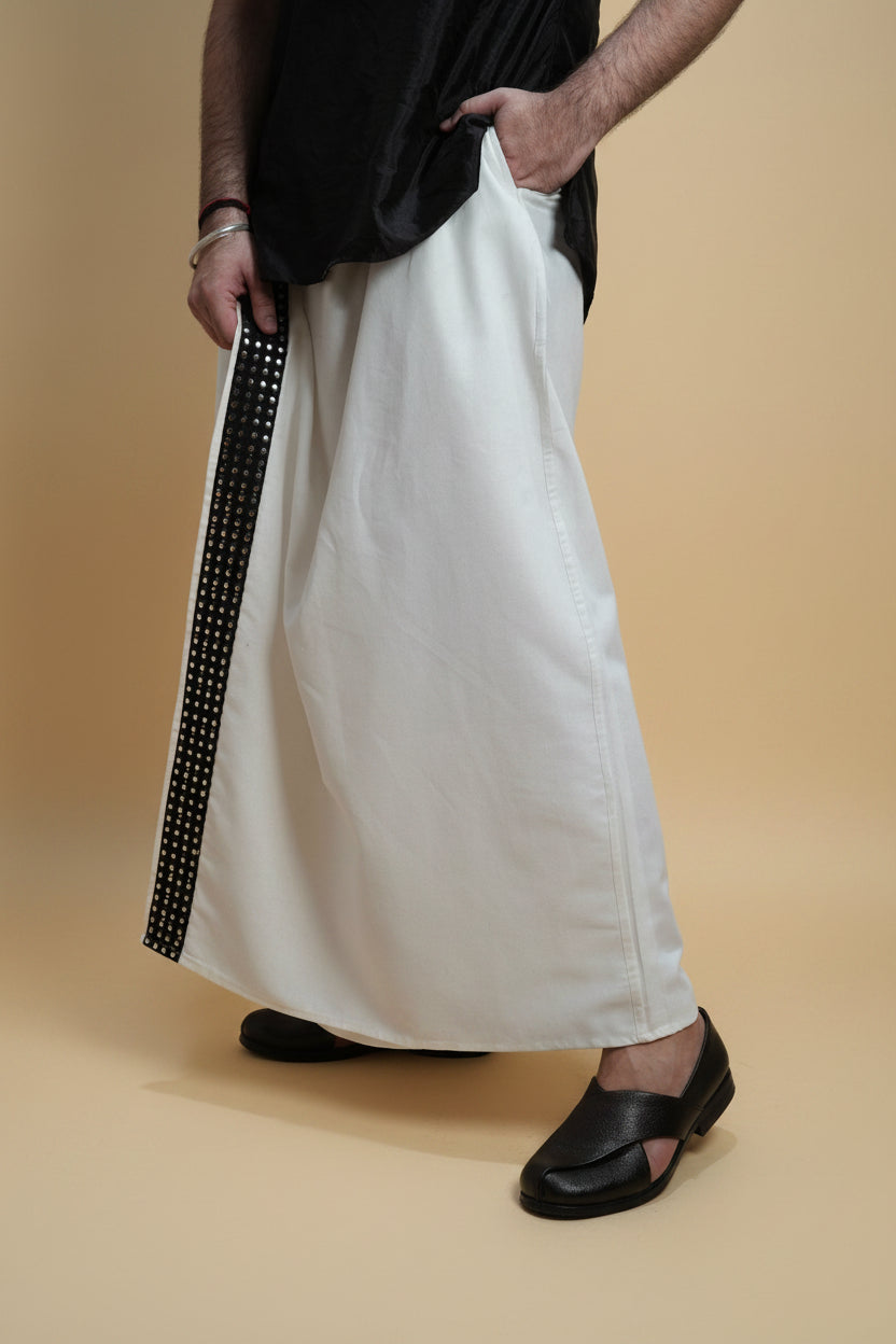 Men White  Colour Pajamalungi With Black Mirror embroidery Stripe