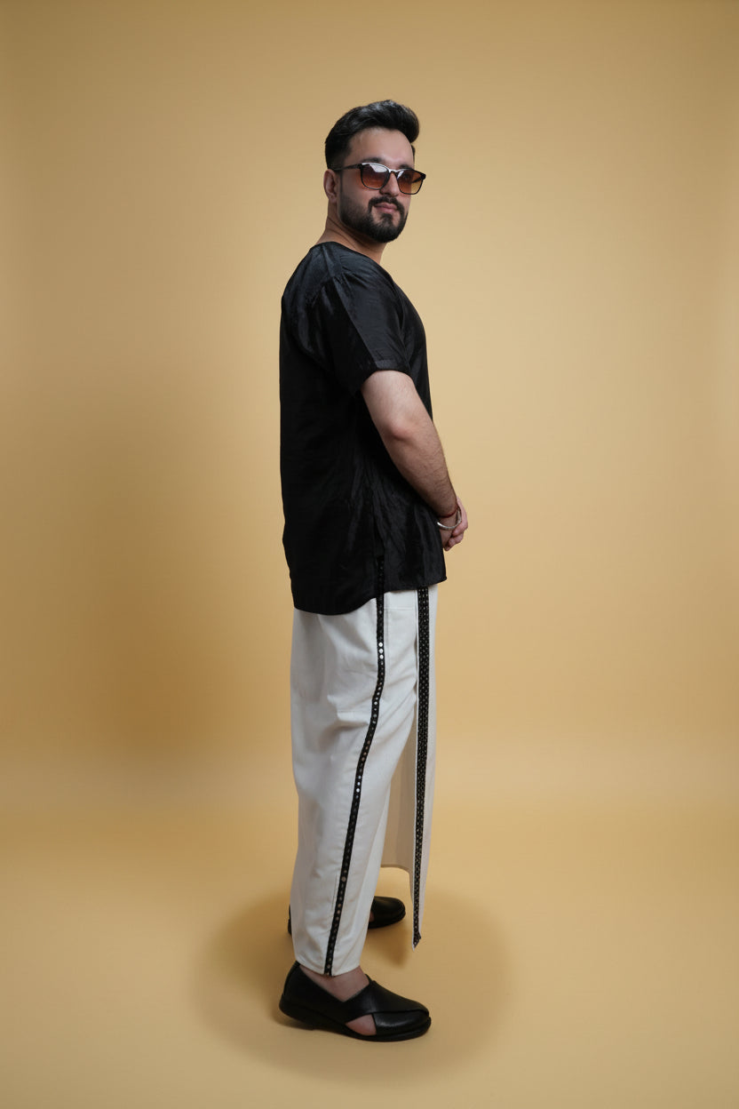 Men White  Colour Pajamalungi With Black Mirror embroidery Stripe