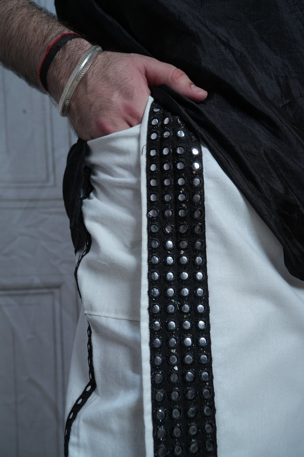 Men White  Colour Pajamalungi With Black Mirror embroidery Stripe