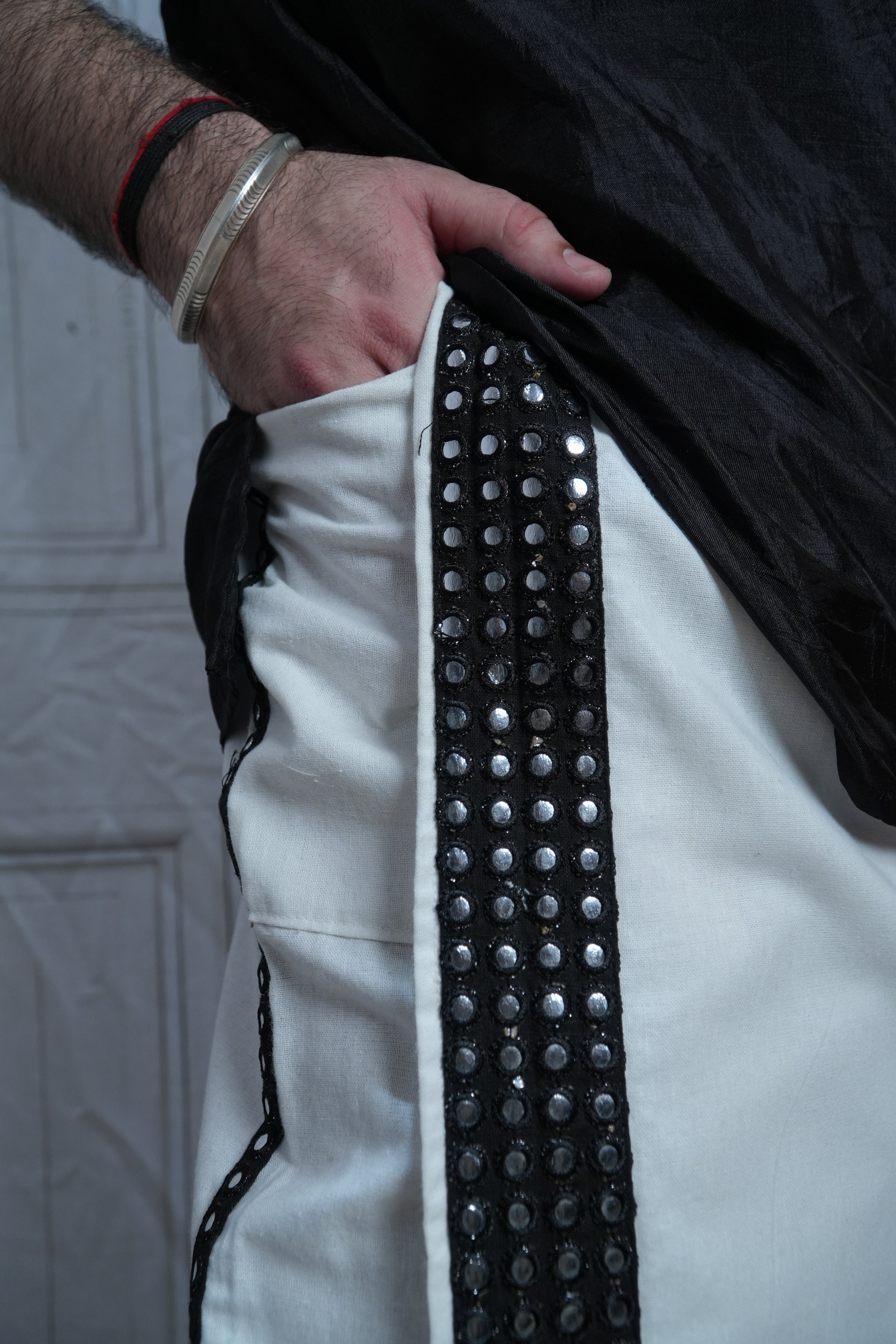 Men White  Colour Pajamalungi With Black Mirror embroidery Stripe