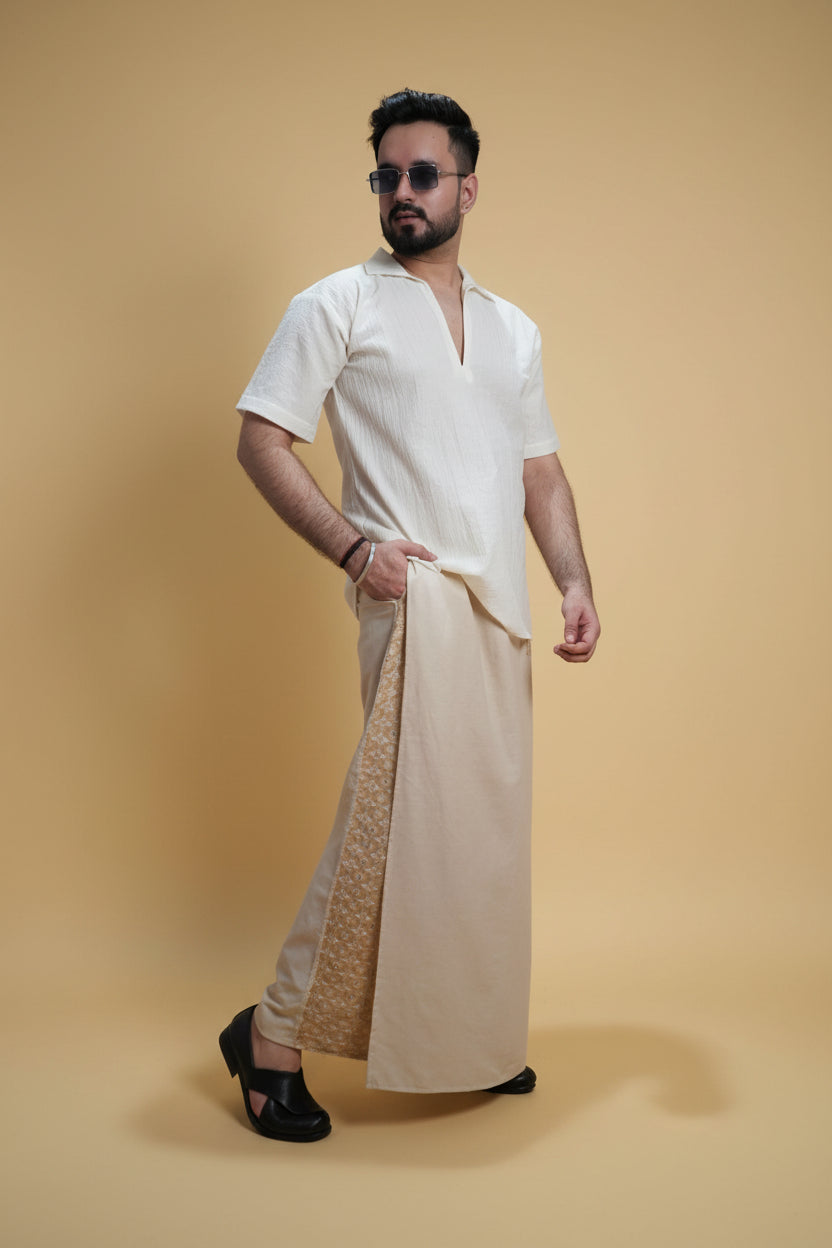 Men Beige Colour Pajamalungi With Beige Embroidery Panel