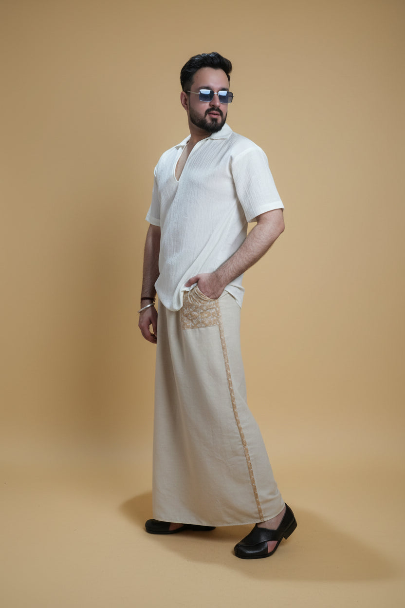 Men Beige Colour Pajamalungi With Beige Embroidery Panel