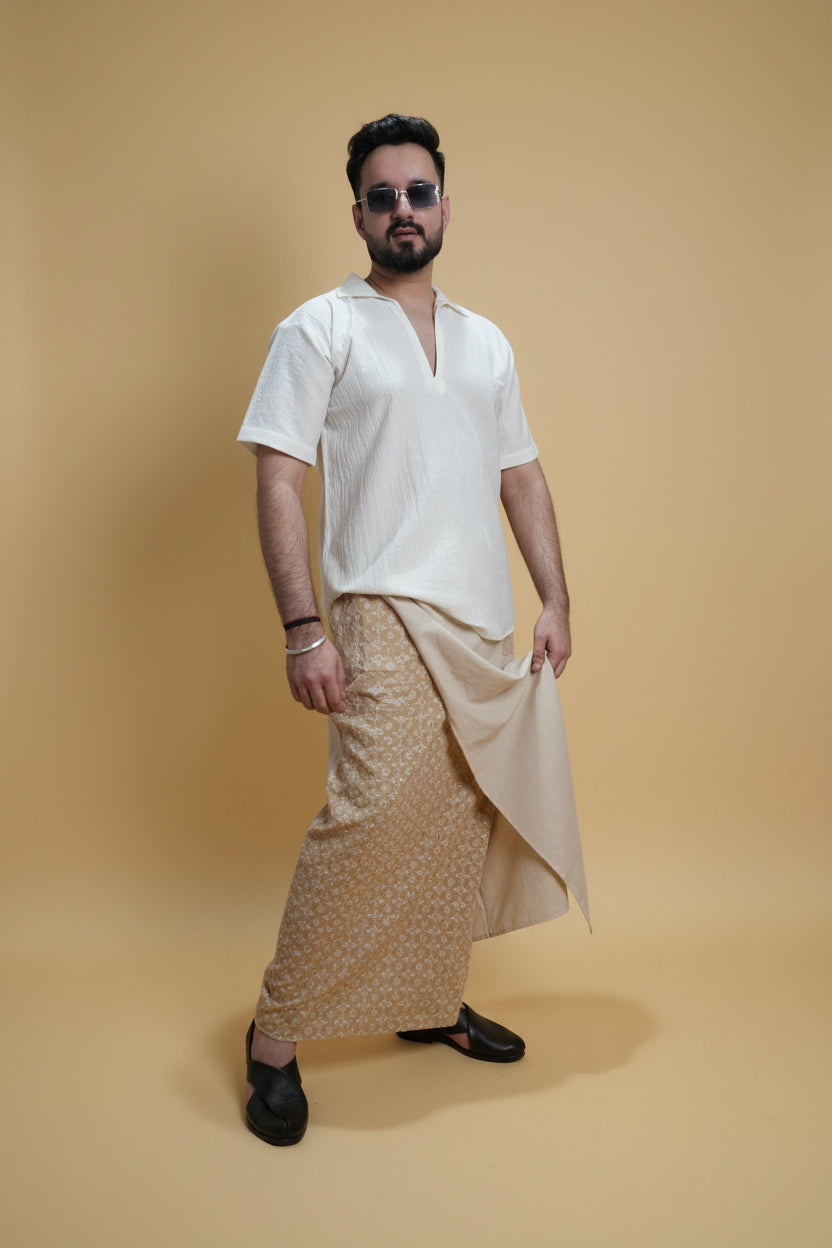 Men Beige Colour Pajamalungi With Beige Embroidery Panel