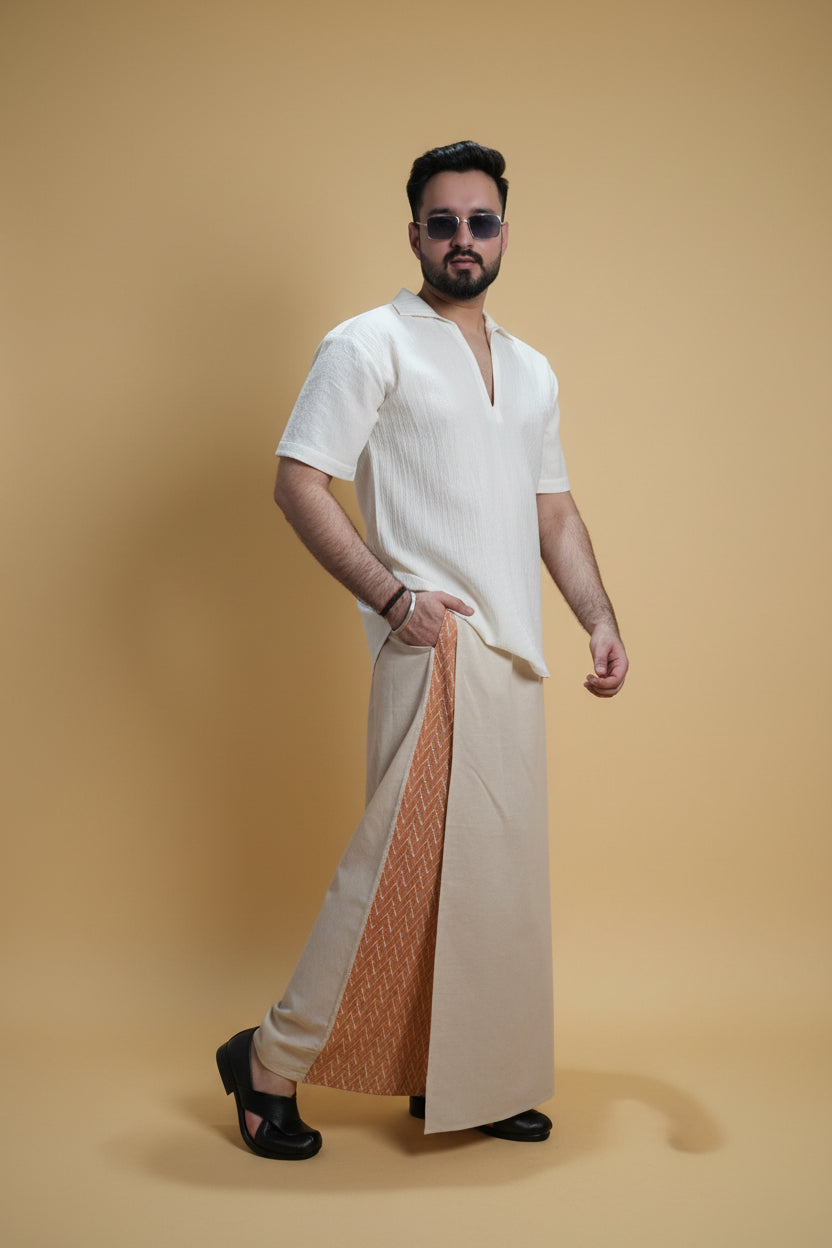 Men Beige Color  Pajamalungi With Brown Embroidery Panel