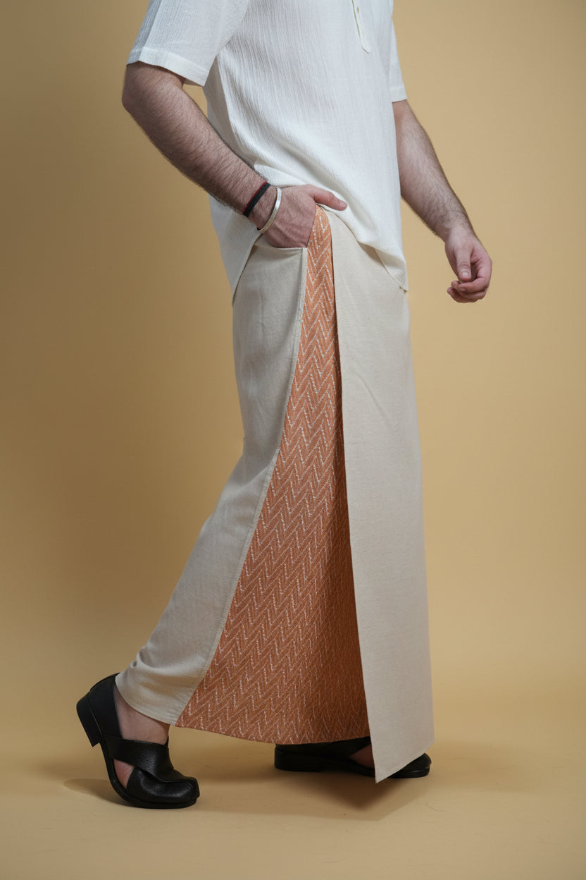 Men Beige Color  Pajamalungi With Brown Embroidery Panel