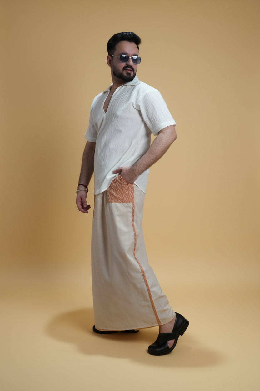 Men Beige Color  Pajamalungi With Brown Embroidery Panel