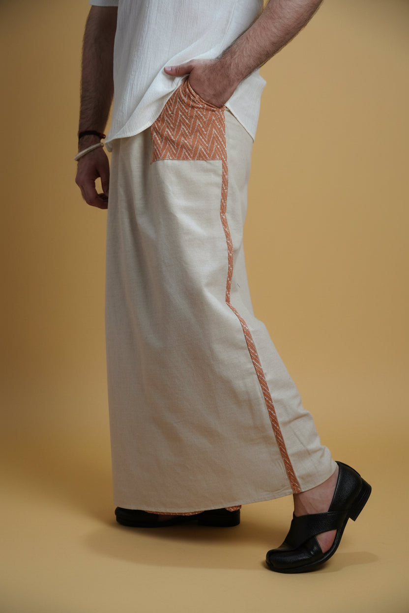 Men Beige Color  Pajamalungi With Brown Embroidery Panel