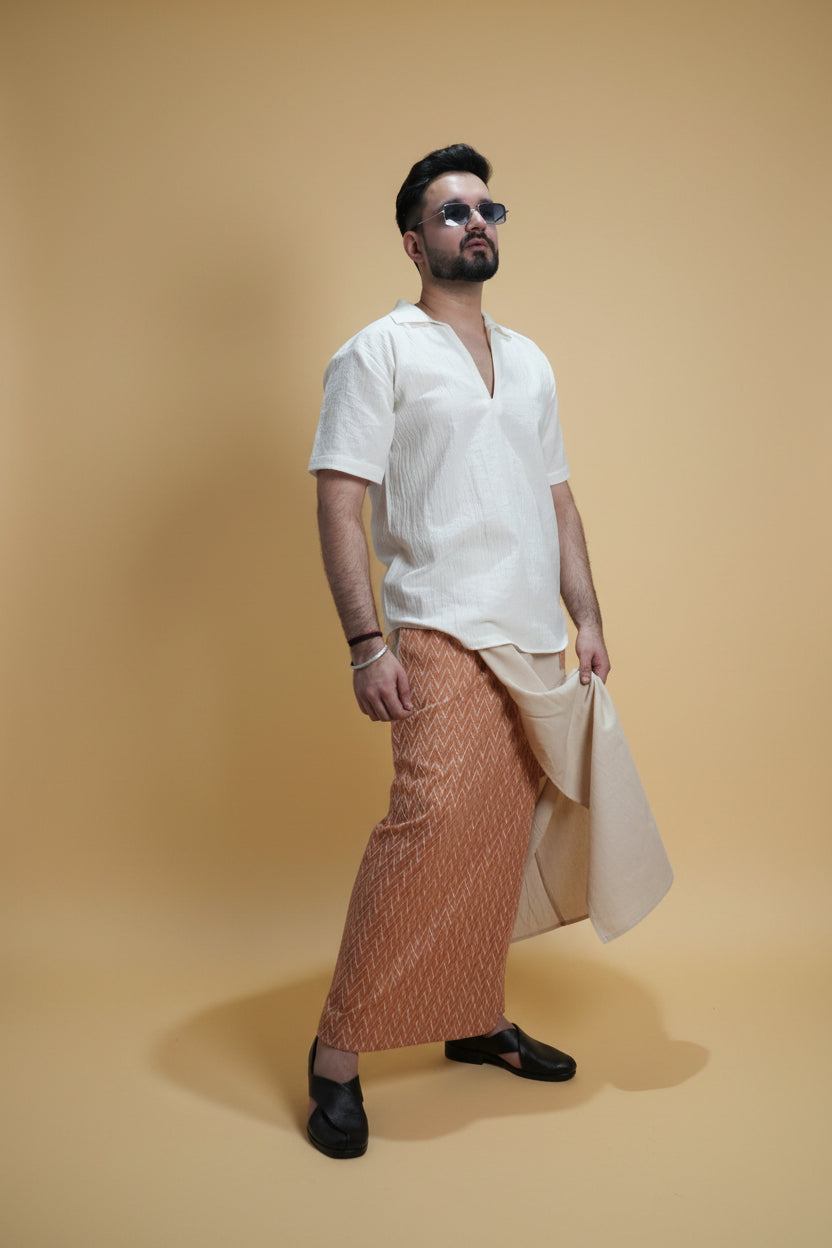 Men Beige Color  Pajamalungi With Brown Embroidery Panel