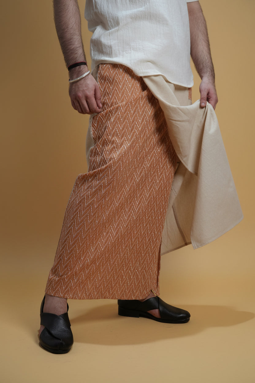 Men Beige Color  Pajamalungi With Brown Embroidery Panel