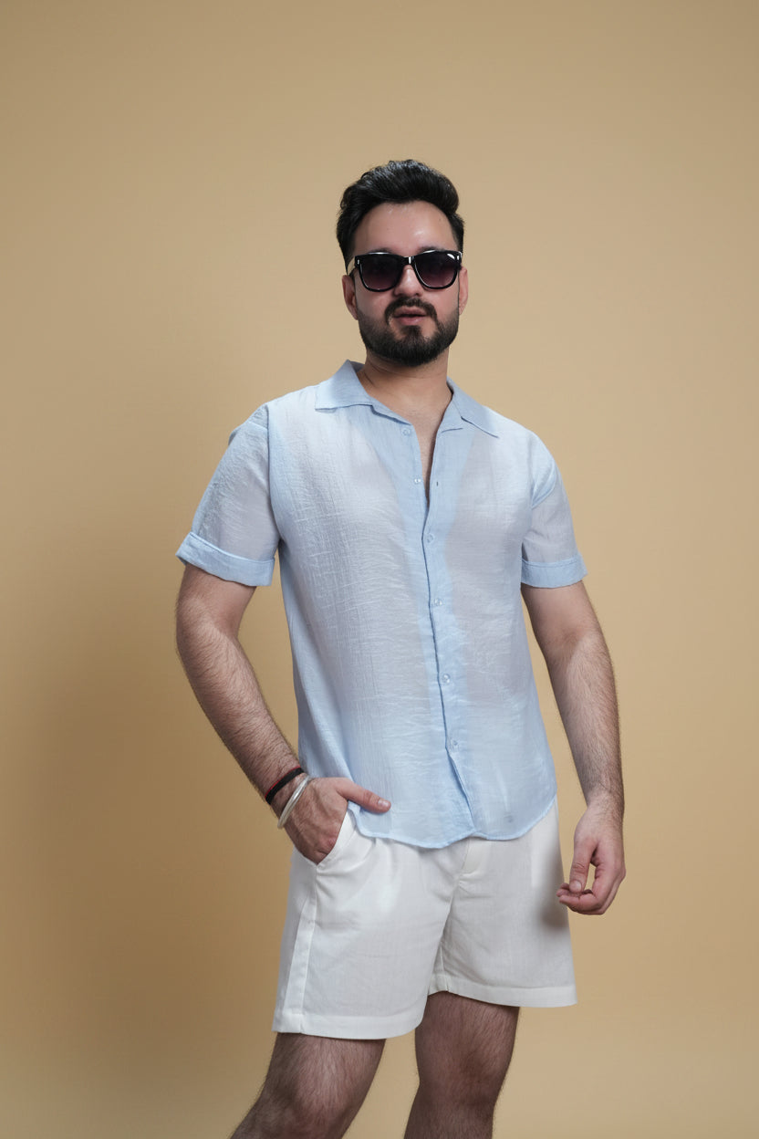 Men Ice Blue Colour Chiffon Buttoned Shirt